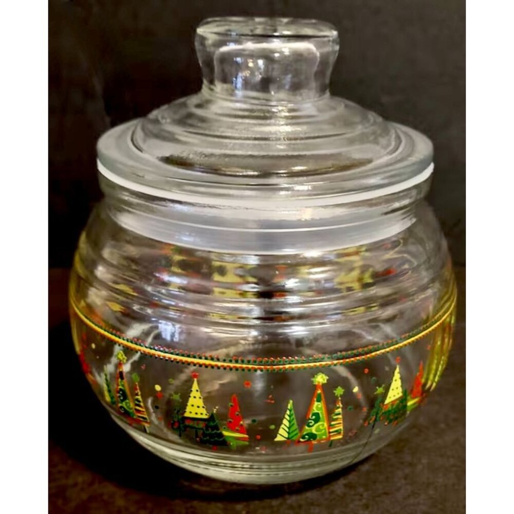 Vintage Kig Clear Glass Christmas Jar With Lid & Festive Tree Design